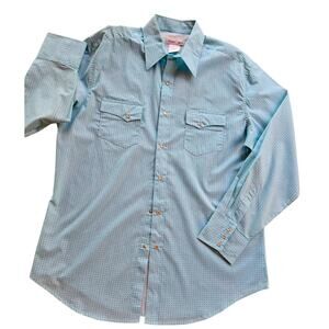 Wrangler Wrancher Shirt Mens L Blue Pearl Snap Western Button Up Long Sleeve